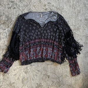 Free People Black and Red Patterned Fringe Blouse